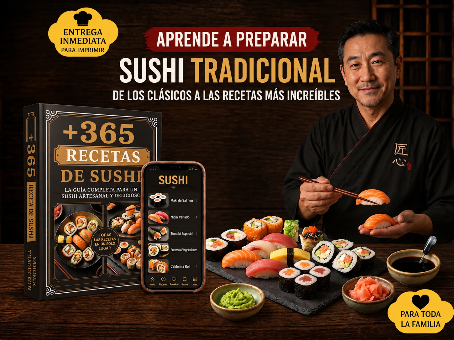 Paquete +365 Recetas de Sushi con libro, app en celular y variedad de sushi preparado